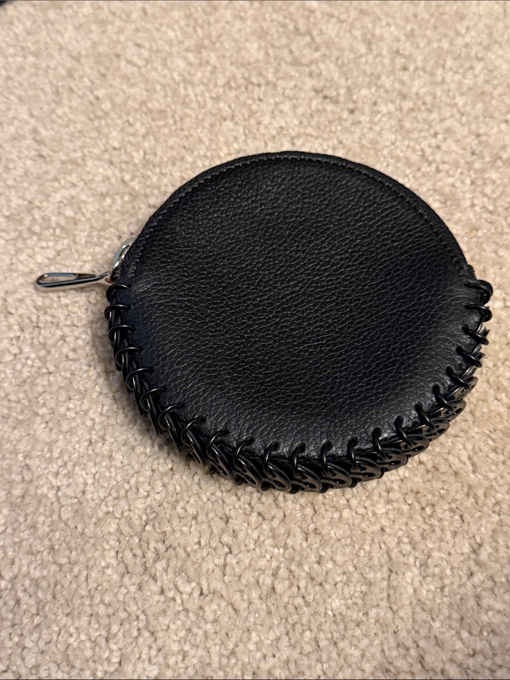 Paco Rabanne Black Round Leather Zipper Coin Case with Whipstitch Edge